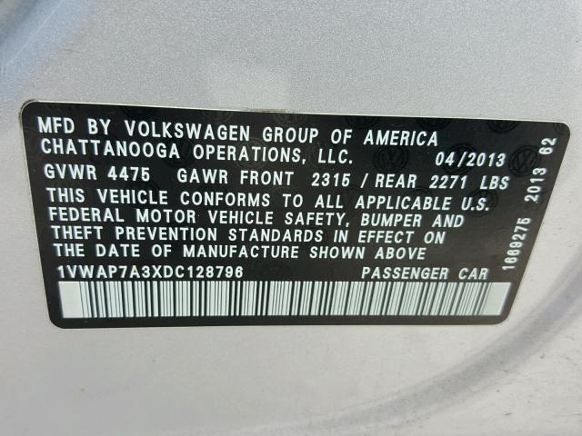 1VWAP7A3XDC128796 - 2013 VOLKSWAGEN PASSAT S SILVER photo 10