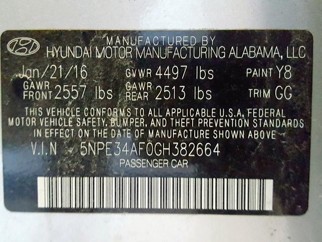 5NPE34AF0GH382664 - 2016 HYUNDAI SONATA SPO SILVER photo 10