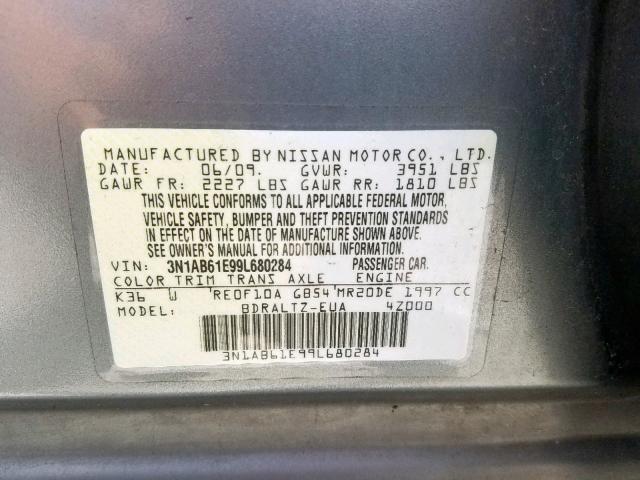 3N1AB61E99L680284 - 2009 NISSAN SENTRA 2.0 GRAY photo 10