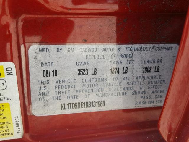 KL1TD5DE1BB131960 - 2011 CHEVROLET AVEO LS MAROON photo 10