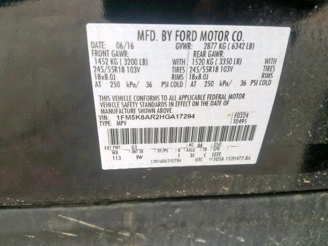 1FM5K8AR2HGA17294 - 2017 FORD EXPLORER P BLACK photo 10