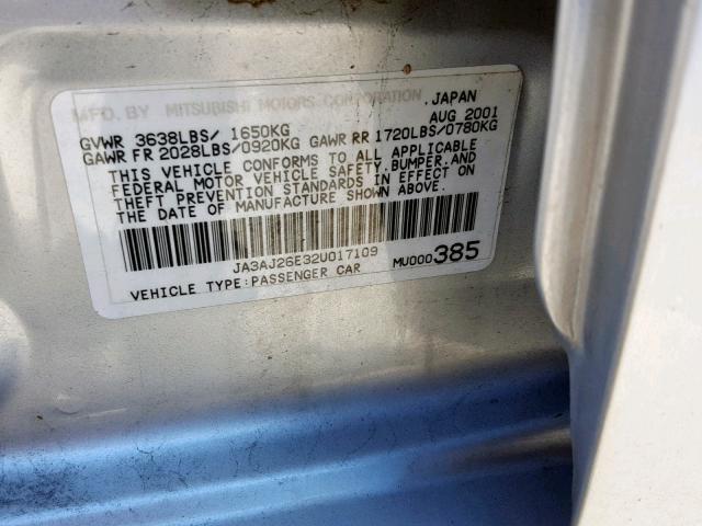 JA3AJ26E32U017109 - 2002 MITSUBISHI LANCER ES SILVER photo 10