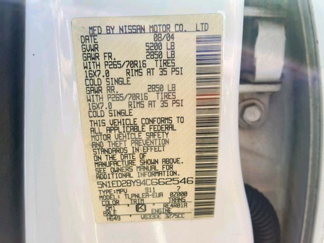 5N1ED28Y94C662546 - 2004 NISSAN XTERRA XE WHITE photo 10