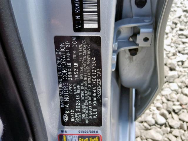 KNADN4A3XD6127504 - 2013 KIA RIO EX SILVER photo 10