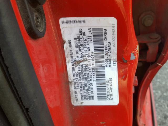 2T1KY32E74C190418 - 2004 TOYOTA COROLLA MA RED photo 10