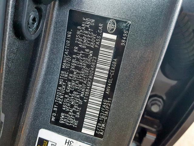 4T1BB46K78U046623 - 2008 TOYOTA CAMRY HYBR GRAY photo 10