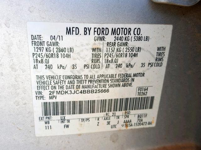 2FMDK3JC4BBB25666 - 2011 FORD EDGE SEL SILVER photo 10