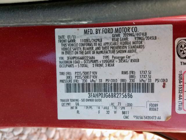 3FAHP0JG6BR225686 - 2011 FORD FUSION SEL RED photo 10