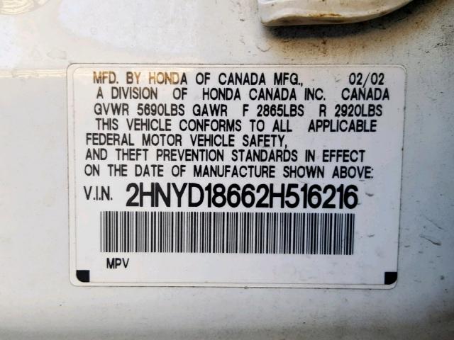 2HNYD18662H516216 - 2002 ACURA MDX TOURIN WHITE photo 10