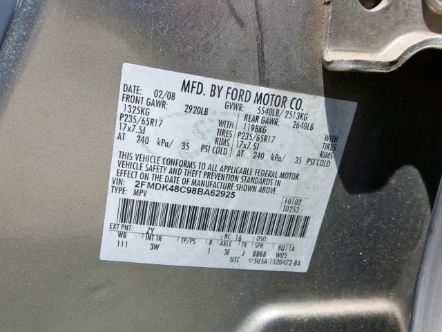 2FMDK48C98BA62925 - 2008 FORD EDGE SEL GRAY photo 10