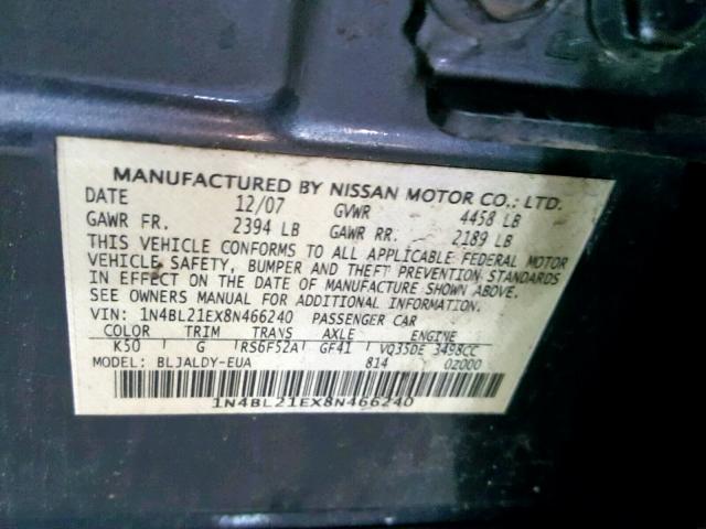 1N4BL21EX8N466240 - 2008 NISSAN ALTIMA 3.5 CHARCOAL photo 10