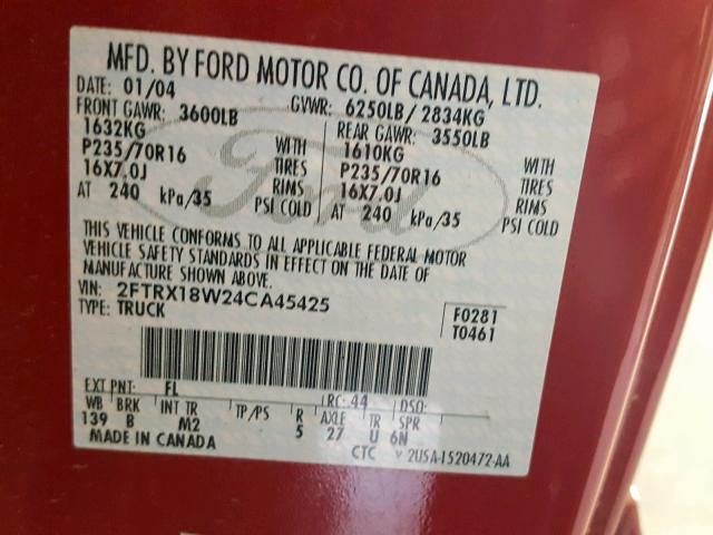 2FTRX18W24CA45425 - 2004 FORD F-150 HERI MAROON photo 10