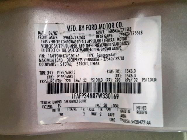 1FAFP34N87W330169 - 2007 FORD FOCUS ZX4 SILVER photo 10