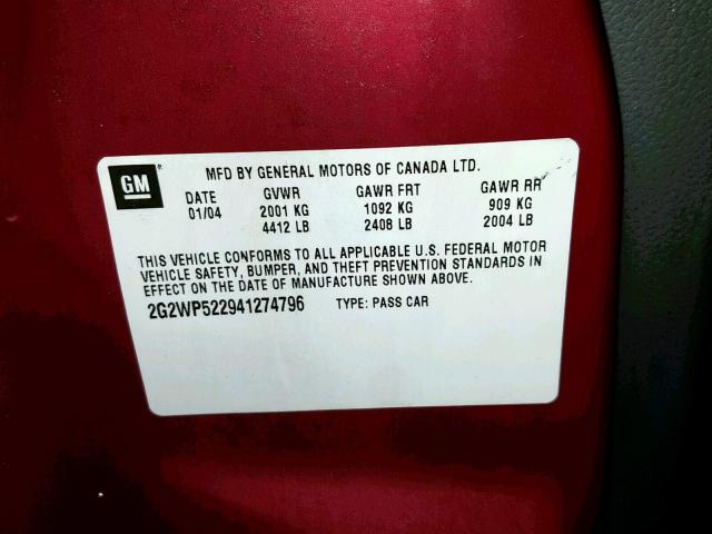 2G2WP522941274796 - 2004 PONTIAC GRAND PRIX MAROON photo 10