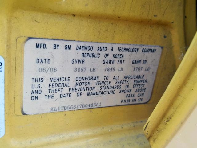 KL1TD56647B048651 - 2007 CHEVROLET AVEO BASE Sarı foto 10