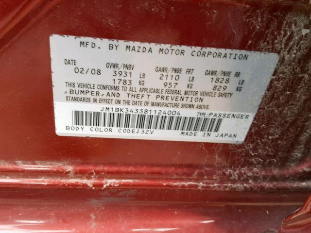 JM1BK343381124004 - 2008 MAZDA 3 HATCHBAC RED photo 10