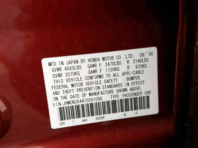 JHMCN36447C001086 - 2007 HONDA ACCORD HYB BURGUNDY photo 10