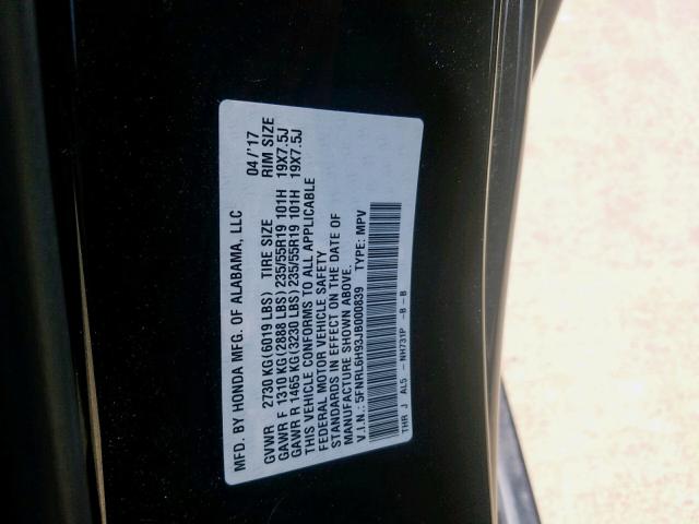 5FNRL6H93JB000839 - 2018 HONDA ODYSSEY EL BLACK photo 10