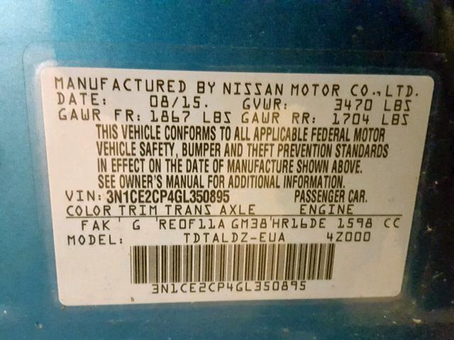 3N1CE2CP4GL350895 - 2016 NISSAN VERSA NOTE BLUE photo 10