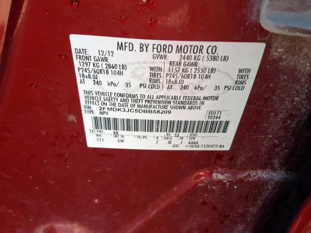 2FMDK3JC5DBB58209 - 2013 FORD EDGE SEL MAROON photo 10