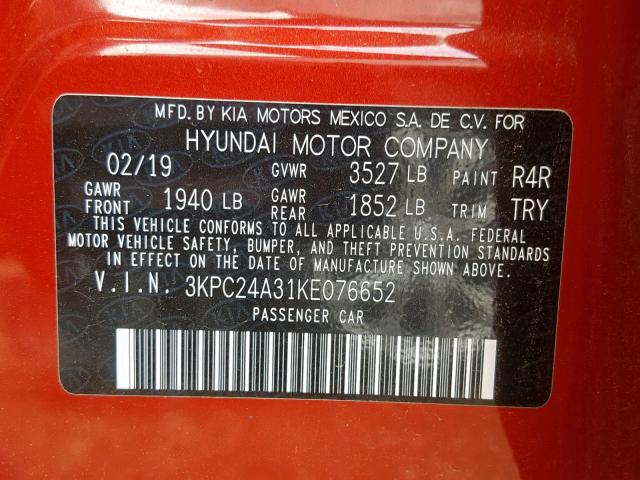 3KPC24A31KE076652 - 2019 HYUNDAI ACCENT SE RED photo 10