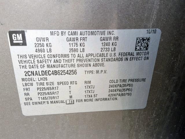 2CNALDEC4B6254256 - 2011 CHEVROLET EQUINOX LT GRAY photo 10