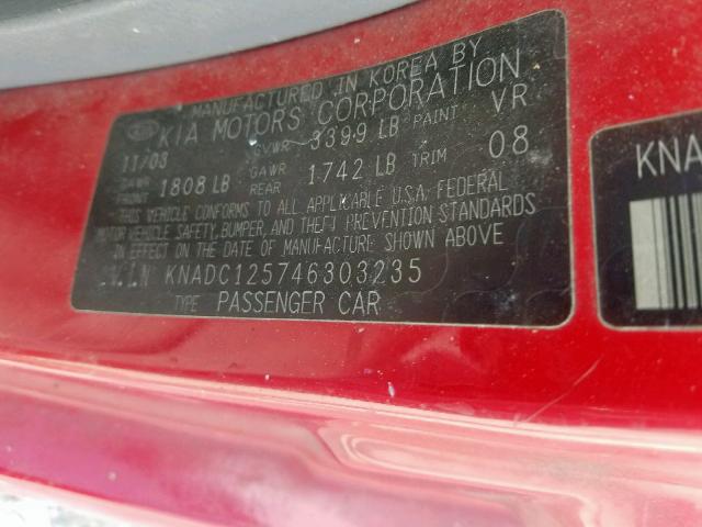 KNADC125746303235 - 2004 KIA RIO RED photo 10