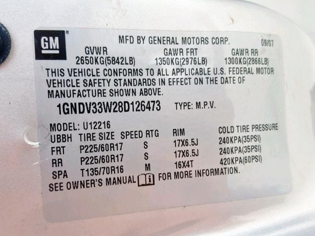 1GNDV33W28D126473 - 2008 CHEVROLET UPLANDER L 银色 照片 10