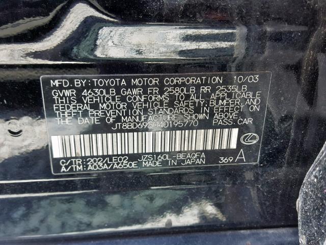 JT8BD69S040195770 - 2004 LEXUS GS 300 BLACK photo 10