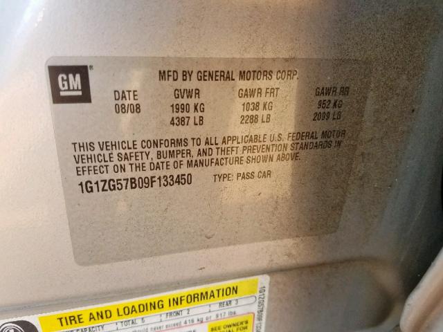 1G1ZG57B09F133450 - 2009 CHEVROLET MALIBU LS SILVER photo 10