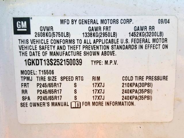 1GKDT13S252150039 - 2005 GMC ENVOY WHITE photo 10