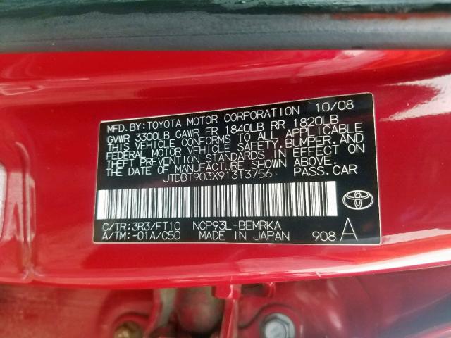 JTDBT903X91313756 - 2009 TOYOTA YARIS RED photo 10