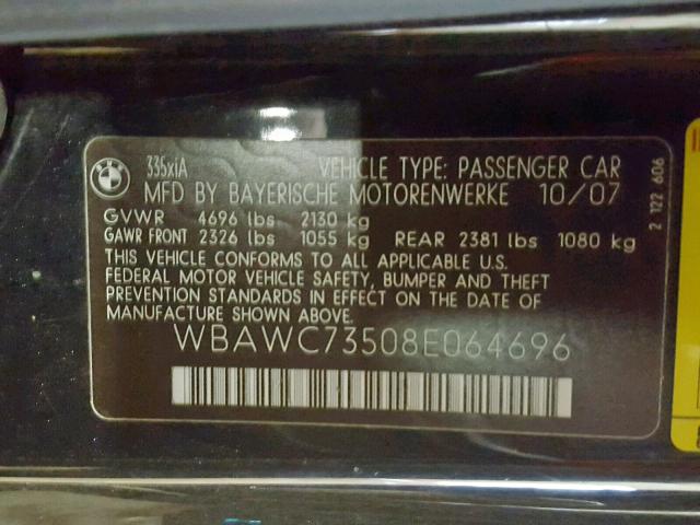 WBAWC73508E064696 - 2008 BMW 335 XI BLACK photo 10