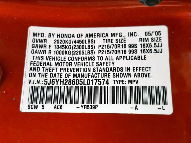 5J6YH28605L017574 - 2005 HONDA ELEMENT EX ORANGE photo 10