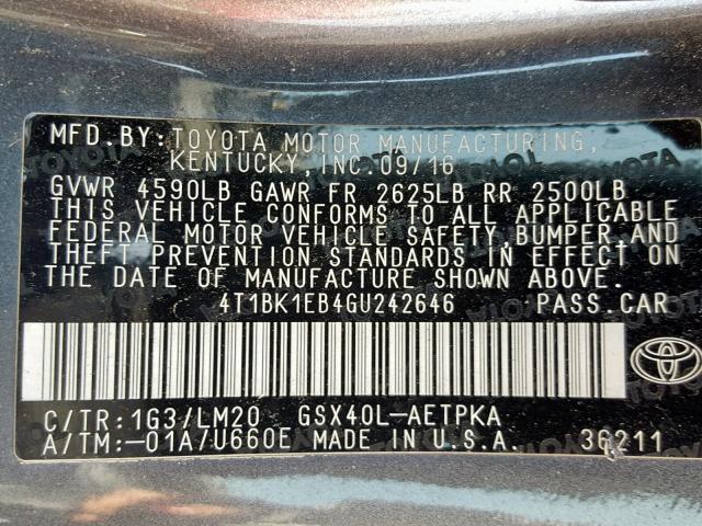 4T1BK1EB4GU242646 - 2016 TOYOTA AVALON XLE GRAY photo 10