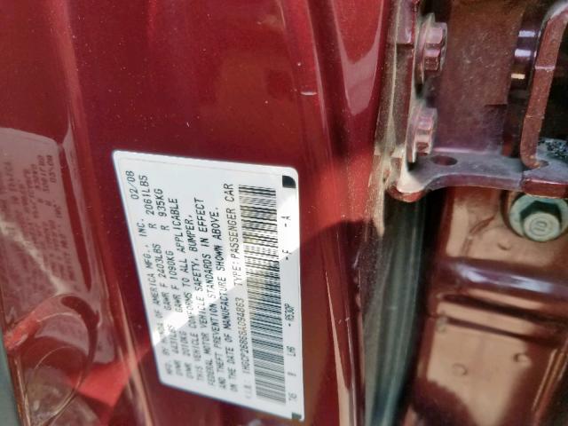 1HGCP26868A094863 - 2008 HONDA ACCORD EXL RED photo 10