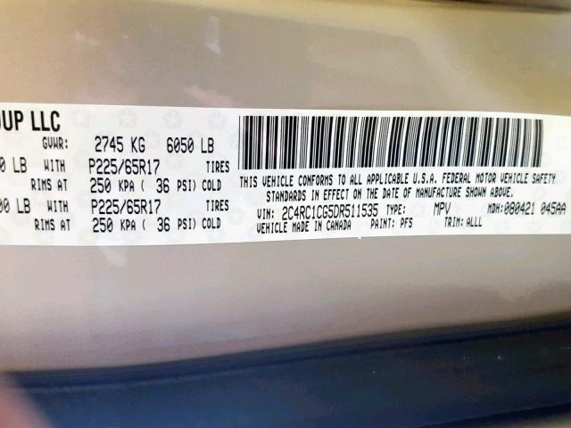 2C4RC1CG5DR511535 - 2013 CHRYSLER TOWN & COU GOLD photo 10