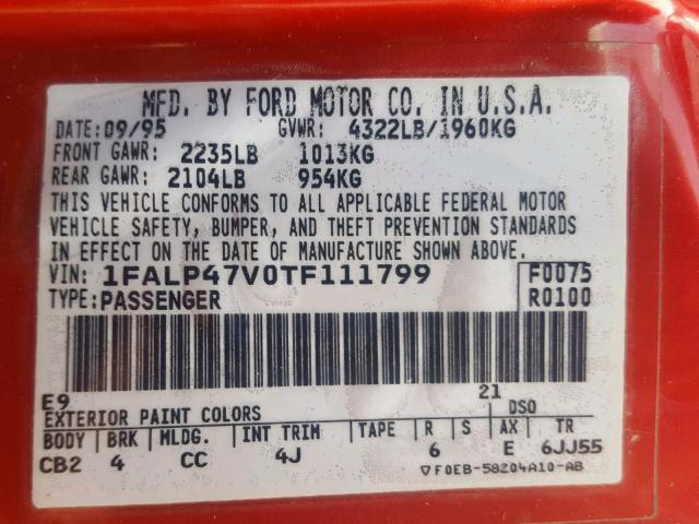 1FALP47V0TF111799 - 1996 FORD MUSTANG CO RED photo 10