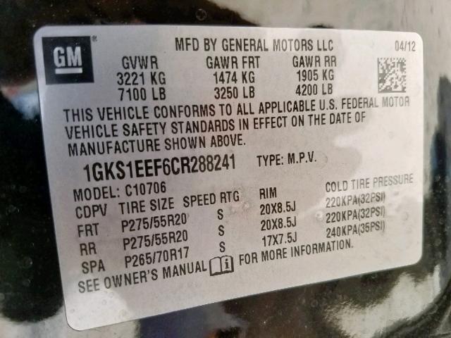 1GKS1EEF6CR288241 - 2012 GMC YUKON DENA BLACK photo 10