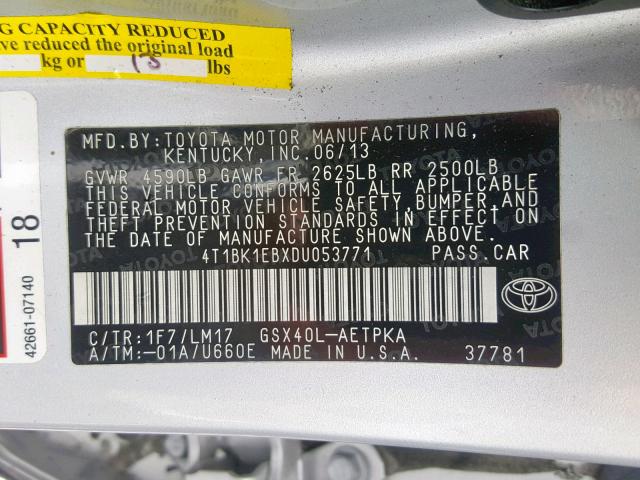 4T1BK1EBXDU053771 - 2013 TOYOTA AVALON BAS SILVER photo 10