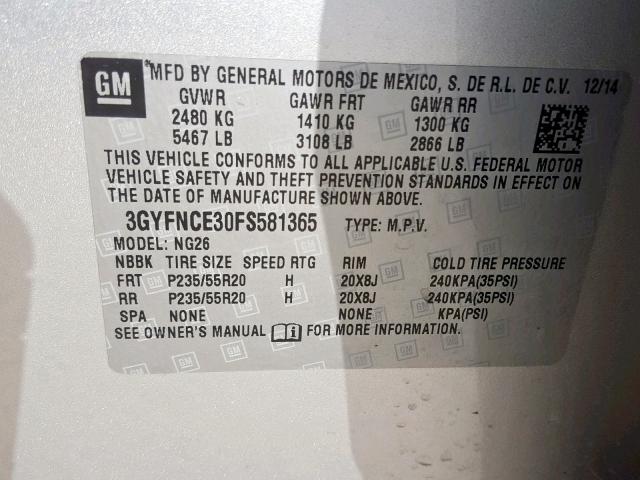 3GYFNCE30FS581365 - 2015 CADILLAC SRX PERFOR GRAY photo 10