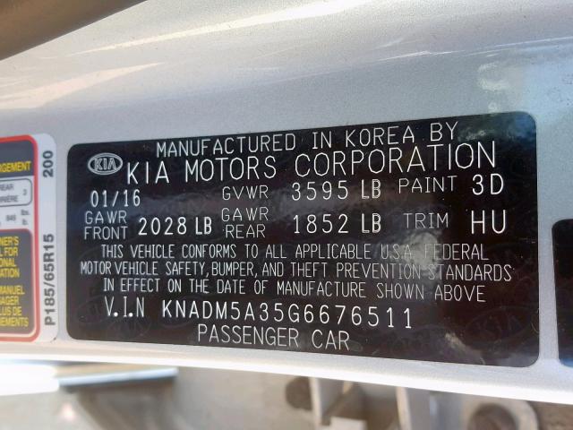 KNADM5A35G6676511 - 2016 KIA RIO LX SILVER photo 10