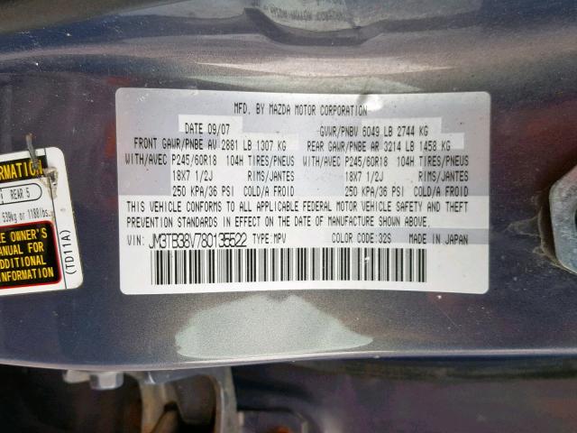 JM3TB38V780135522 - 2008 MAZDA CX-9 GRAY photo 10