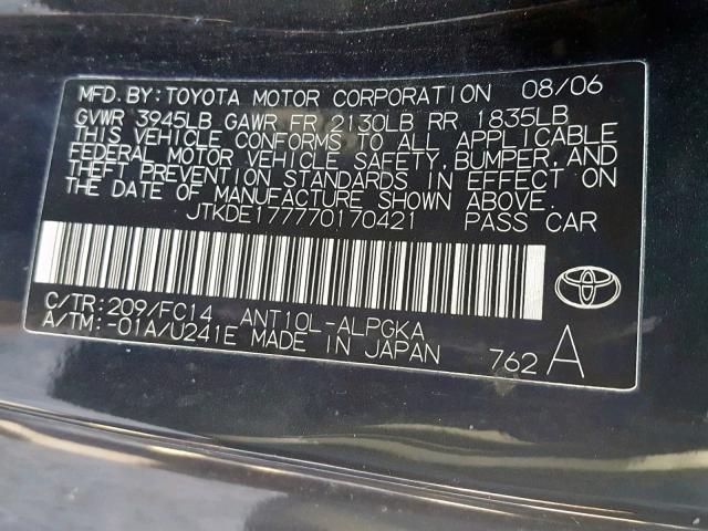 JTKDE177770170421 - 2007 TOYOTA SCION TC შავი ფოტო 10