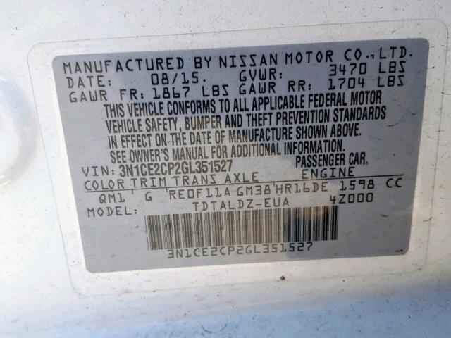 3N1CE2CP2GL351527 - 2016 NISSAN VERSA NOTE WHITE photo 10