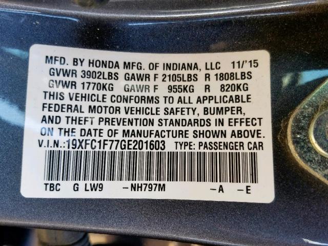 19XFC1F77GE201603 - 2016 HONDA CIVIC EXL 灰色 照片 10