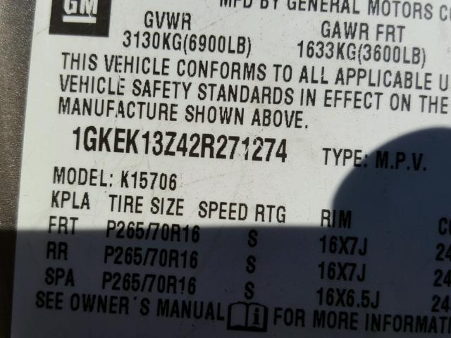 1GKEK13Z42R271274 - 2002 GMC YUKON SILVER photo 10