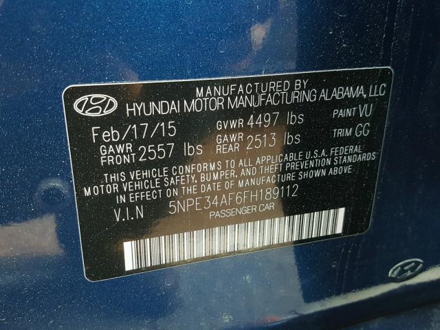 5NPE34AF6FH189112 - 2015 HYUNDAI SONATA SPO BLUE photo 10