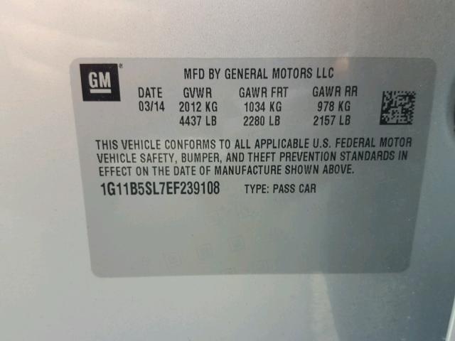 1G11B5SL7EF239108 - 2014 CHEVROLET MALIBU LS ვერცხლისფერი ფოტო 10