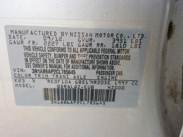 3N1AB6AP2CL785645 - 2012 NISSAN SENTRA 2.0 SILVER photo 10